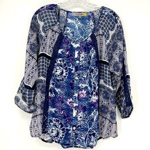 Figueroa & Flower Blouse Purple Blue Medium Lace Detail Business Lightweight